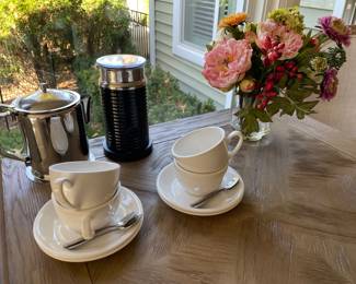 Nespresso machine, tea pot, and cappuccino cups/saucers, faux floral 