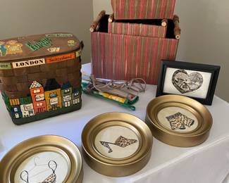 set of 3 boudoir prints; set of 3 storage baskets, curling iron and vintage purse