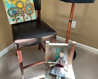 Side chair, acrylic print on canvas, child's chair and wood coat rack
