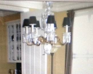 Schonbek brass chandelier with crystal pendants and black shades 