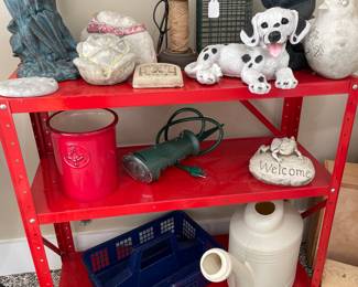 red metal storage rack - 2 shelves, garden art, timer, planter and more