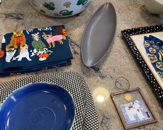 Set of 3 Italian service plates, oval appetizer plate, dish towel - new, and salad bowl