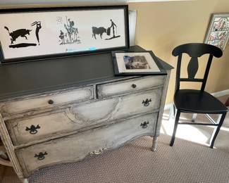 4-drawer dresser, black wood desk or side chair, and Picasso reproduction print framed