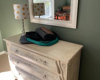 3-drawer dresser by Ethan Allen, metallic finished mirror, acrylic lamp, and packing/organizing essential bags
