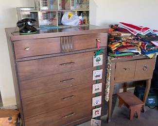 VINTAGE DOLL HOUSE, DRESSER, HAND QUILTED RUNNERS AND SEWING MACHINE CABINET