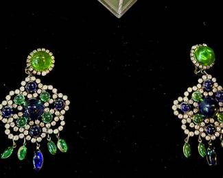 KENNETH JAY LANE ‘60s GRIPOIX Faux Emeralds Sapphires HUGE Chandelier Drop Runway Earrings