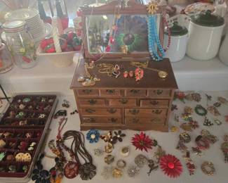 Jewelry box,  pins, and more