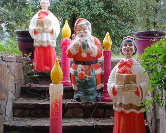 Mid Century POLORON Carolers lighted 51", Whispering Santa 46” (SOLD), Vintage "Noel" Red Candlesticks 38", & Poinsettia Candlestick 