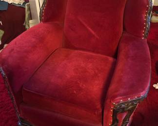 Vintage Victorian Red Velvet Chair with Carved Wood Trim