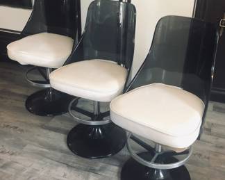 Vintage 1960s MCM Chromcraft Smoked Lucite Dry Bar Barstools Chairs With White Cushions