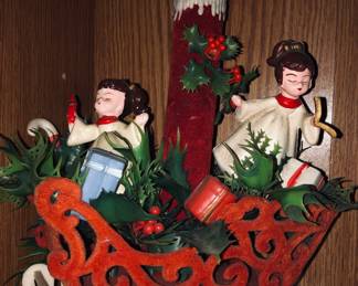 Vintage Mid Century Flocked Christmas Sled with Faux Candle Greenery Centerpiece