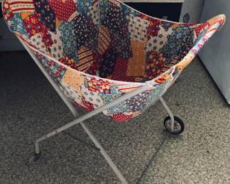 Vintage folding laundry basket cart on wheels, patchwork cotton fabric