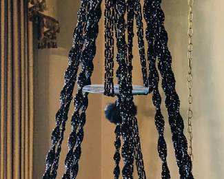 68" TALL Vintage Macrame Hanging 5.5' Plant Table Stand Smoked Glass Pagoda Shape Bohemian