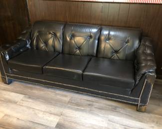 MCM Black Vinyl Three Seat Sofa with Brass Studs and Brass Plates on Arms