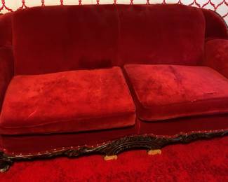 Vintage Ted Velvet Victorian Sofa with Carved Wood Trim