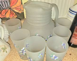 Vintage hand painted frosted pitcher with (6) glassess