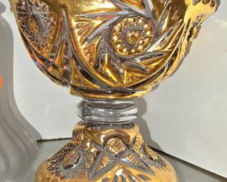 EAPG Imperial Glass Gold & Clear Geometric Compote Pedestal Candy Dish