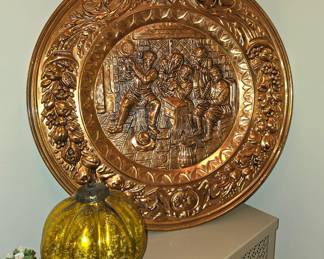 Antique Old Pressed Dutch English Copper Decorative Wall Plate Pub Scene