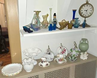 Hobnail milk glass. Vintage bone china teacups and saucers. Haeger Potter vase