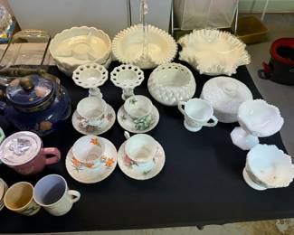 Milk, glass, tea cups
