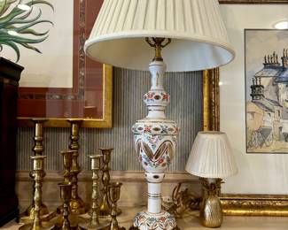 Brass Candlesticks and Vintage Porcelain Lamp