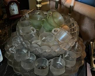 Punch bowl set complete with cups and glass tray