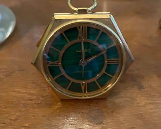 Swiss Luxor gilt brass malachite travel alarm clock.