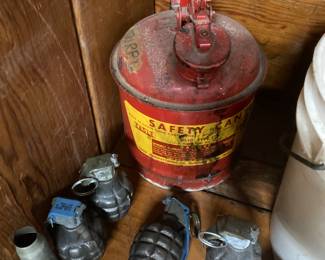 Grenades (hollowed out) and gas can 