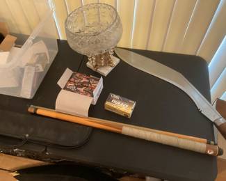 Vintage billiards cue and large knife