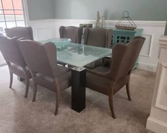 FORMAL 6 SEAT DINING SET WITH CRACKED GLASS TABLE