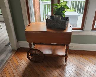 OLD WOODEN TABLE WITH WHEELS, OPENS OUT