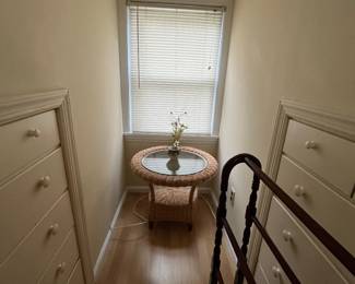 BLANKET HOLDER AND WICKER/GLASS TABLE