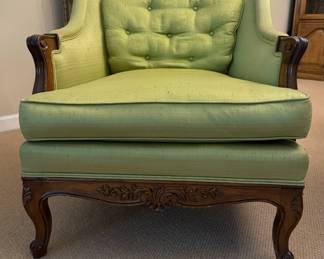 Pair of Mid-Century Queen Anne Style Bergere Chairs Upholstered Spring Green Silk Shantung. Each Measures 26" W x 30" D. Photo 1 of 5.