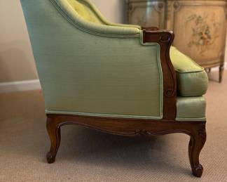 Pair of Mid-Century Queen Anne Style Bergere Chairs Upholstered Spring Green Silk Shantung. Each Measures 26" W x 30" D. Photo 2 of 5.