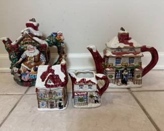 Fitz & Floyd Vintage Christmas Coffee, Tea, Cream & Sugar Set. Photo 1 of 2.