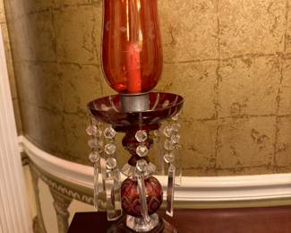 Pair of Cranberry Glass Hurricane Style Table Lamps.