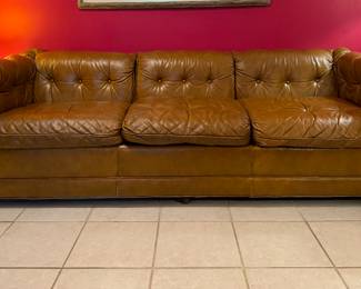 Mid-Century Drexel Heritage Tufted Back Three Seat Camel Brown Color Leather Sofa. Measures 84" W x 32" D with 24" Seating Depth. Photo 1 of 4.