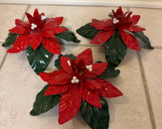 Vintage Set of 3, Retired Department 56 Metal Poinsettia Taper Candle Holders. Photo 1 of 2.