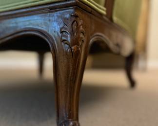 Pair of Mid-Century Queen Anne Style Bergere Chairs Upholstered Spring Green Silk Shantung. Each Measures 26" W x 30" D. Photo 5 of 5.