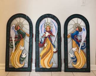 Set of Three Tole Angel Panels. Each Measures 3' H.
