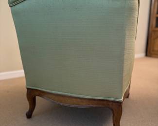 Pair of Mid-Century Queen Anne Style Bergere Chairs Upholstered Spring Green Silk Shantung. Each Measures 26" W x 30" D. Photo 3 of 5.