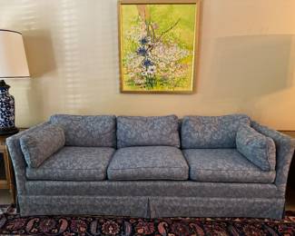 Drexel Heritage Blue Damask Upholstered Sofa. Measures 86" W x 32" D with 17" Seat Height Photo 1 of 2.