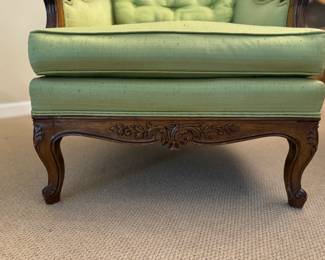 Pair of Mid-Century Queen Anne Style Bergere Chairs Upholstered Spring Green Silk Shantung. Each Measures 26" W x 30" D. Photo 4 of 5.