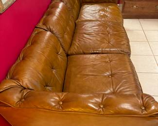 Mid-Century Drexel Heritage Tufted Back Three Seat Camel Brown Color Leather Sofa. Measures 84" W x 32" D with 24" Seating Depth. Photo 3 of 4.
