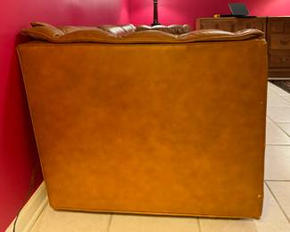 Mid-Century Drexel Heritage Tufted Back Three Seat Camel Brown Color Leather Sofa. Measures 84" W x 32" D with 24" Seating Depth. Photo 4 of 4.