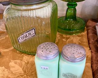 Vintage Green Glass Salt & Pepper shakers and scarce Excellent Condition Depression green glass Cookie Jar.