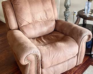 Darker than shown tan suede recliner club chair.