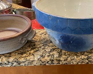 Excellent Vintage/Antique Blue pottery stoneware bowl and brown stoneware bake dish.