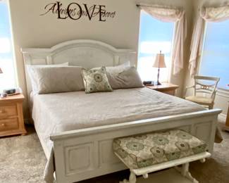 Very NICE White distressed King size French Country Bed set that is priced with footboard bench and corner chair. We are selling the lighter wood Dresser & Mirror plus nightstands separately.