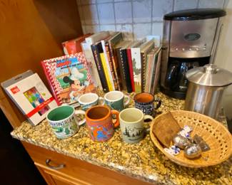 Vintage Cookbooks, cups and Coffee maker